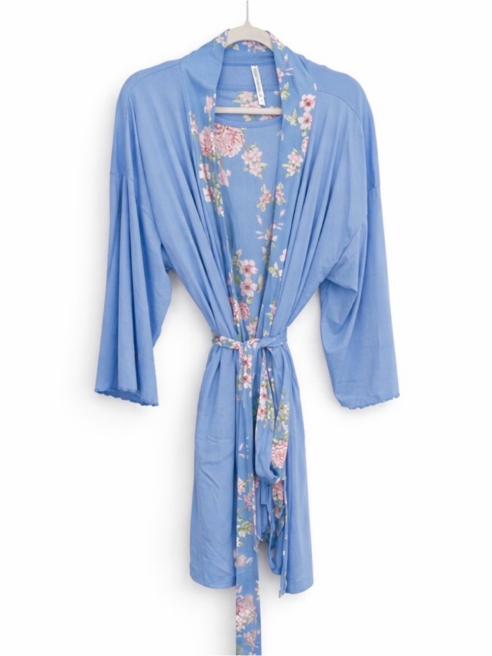 Flora Nikrooz Blue Floral-Trim Kimono Robe